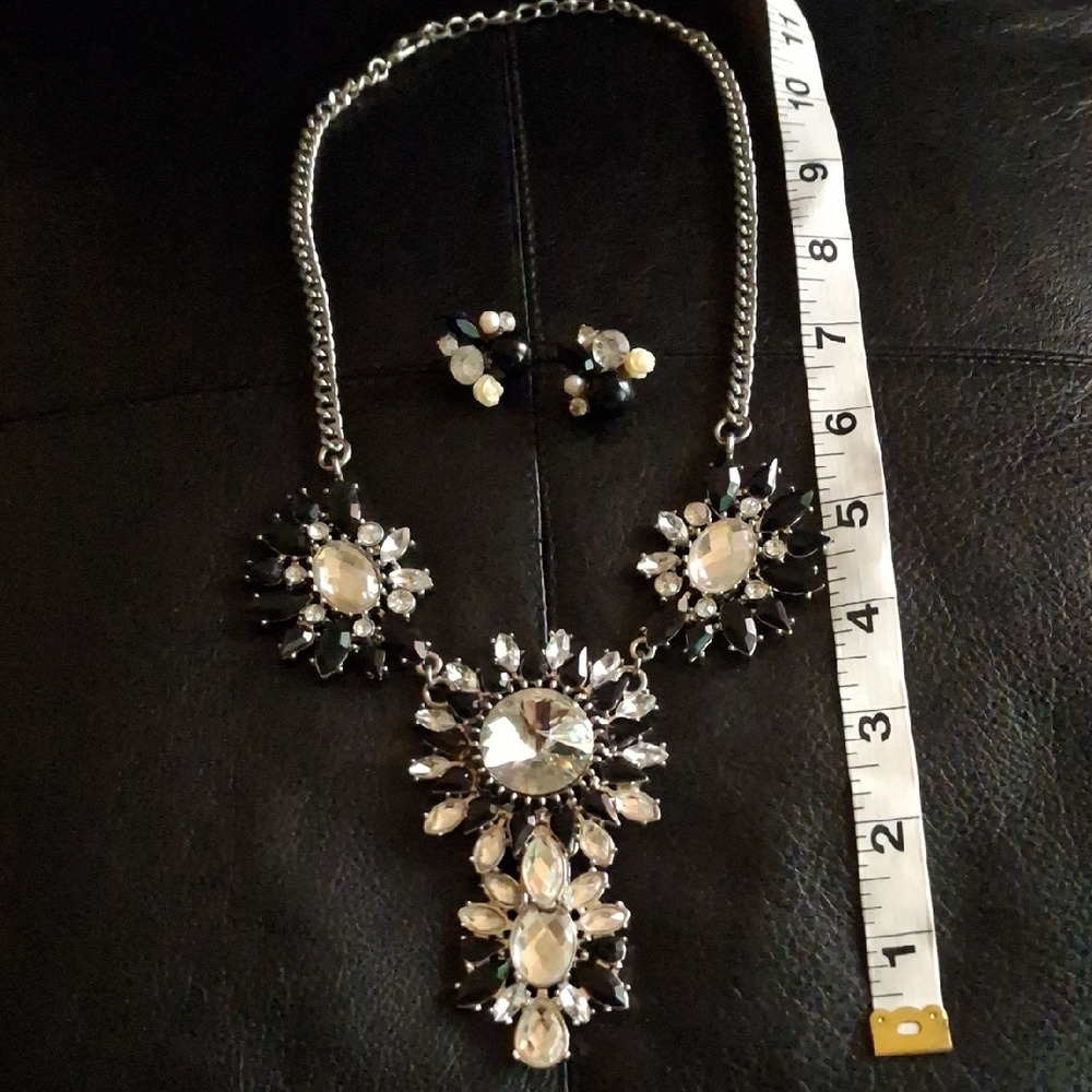 Elegant Silver and Black Statement Necklace and Earring Set